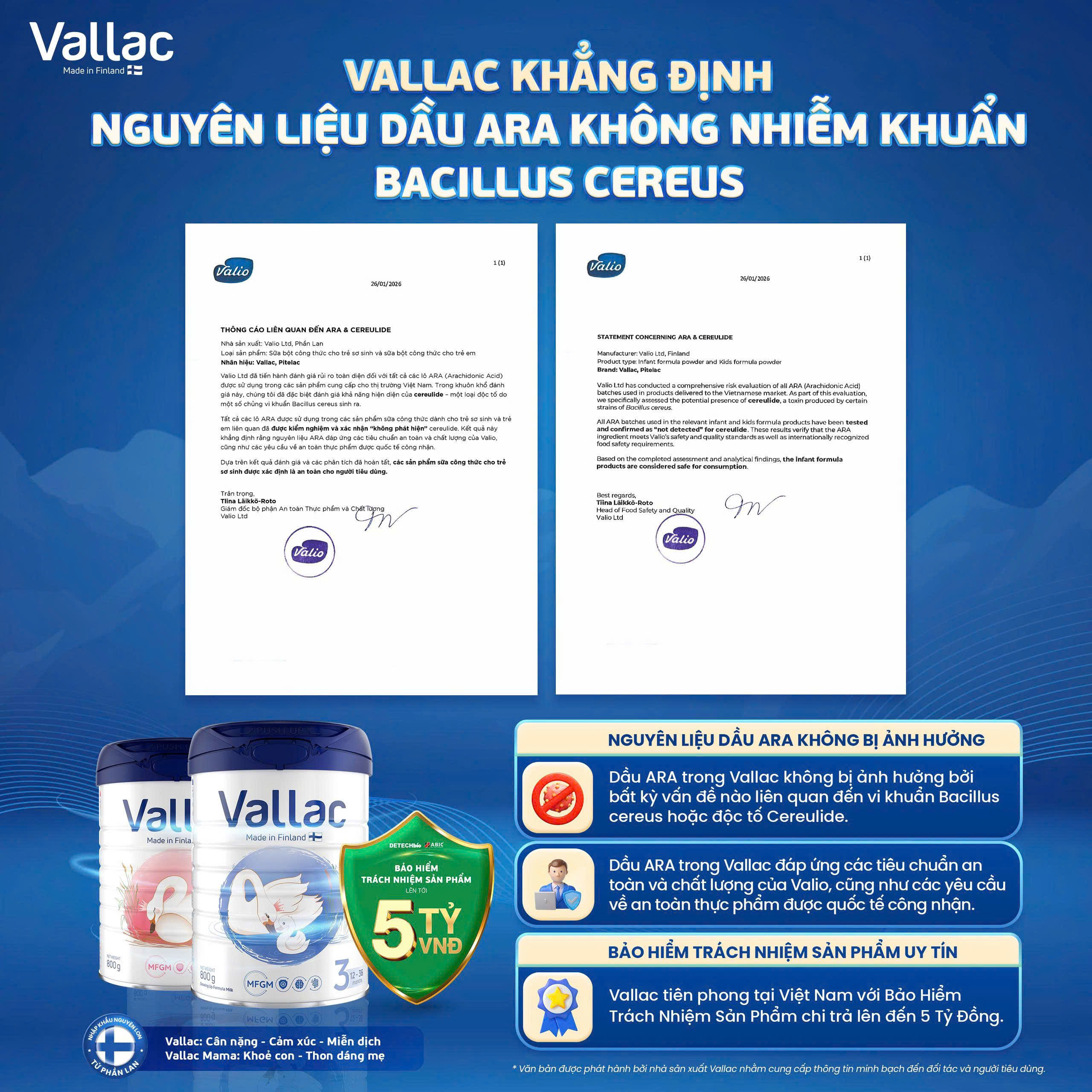 VALLAC KHẲNG ĐỊNH NGUYÊN LIỆU DẦU ARA - (Arachidonic Acid) KHÔNG NHIỄM KHUẨN BACILLUS CEREULIDE